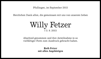 Anzeige von Willy Fetzer von Reutlinger Generalanzeiger