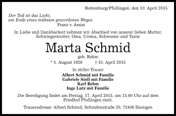 Anzeige von Marta Schmid von Reutlinger Generalanzeiger