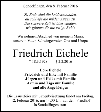 Anzeige von Friedrich Eichele von Reutlinger Generalanzeiger