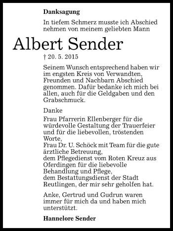 Anzeige von Albert Sender von Reutlinger Generalanzeiger