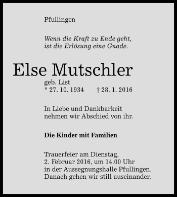 Anzeige von Else Mutschler von Reutlinger Generalanzeiger