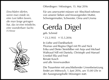 Anzeige von Gerda Digel von Reutlinger Generalanzeiger