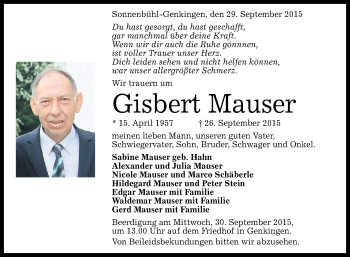 Anzeige von Gisbert Mauser von Reutlinger Generalanzeiger