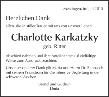 Anzeige von Charlotte Karkatzky von Reutlinger Generalanzeiger