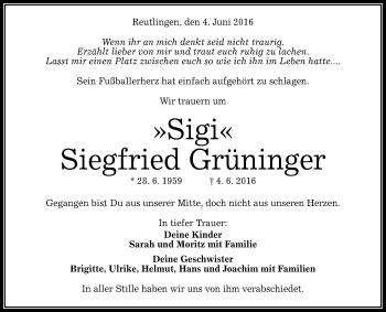 Anzeige von Siegfried Grüninger von Reutlinger Generalanzeiger