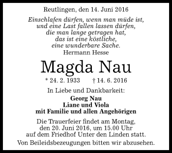 Anzeige von Magda Nau von Reutlinger Generalanzeiger