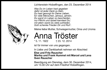 Anzeige von Anna Tröster von Reutlinger Generalanzeiger