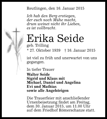 Anzeige von Erika Seide von Reutlinger Generalanzeiger