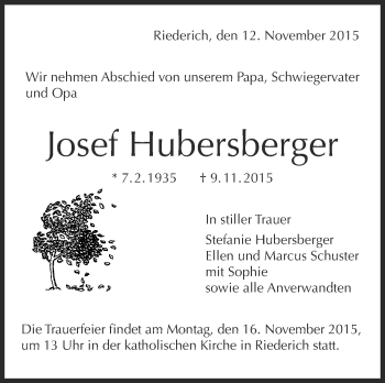 Anzeige von Josef Hubersberger von Reutlinger Generalanzeiger