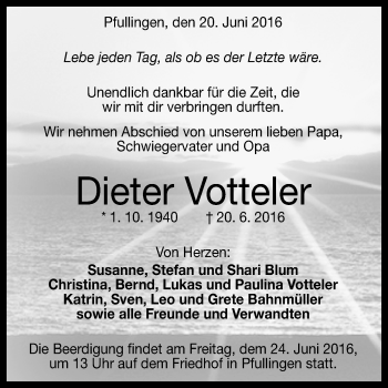 Anzeige von Dieter Votteler von Reutlinger Generalanzeiger