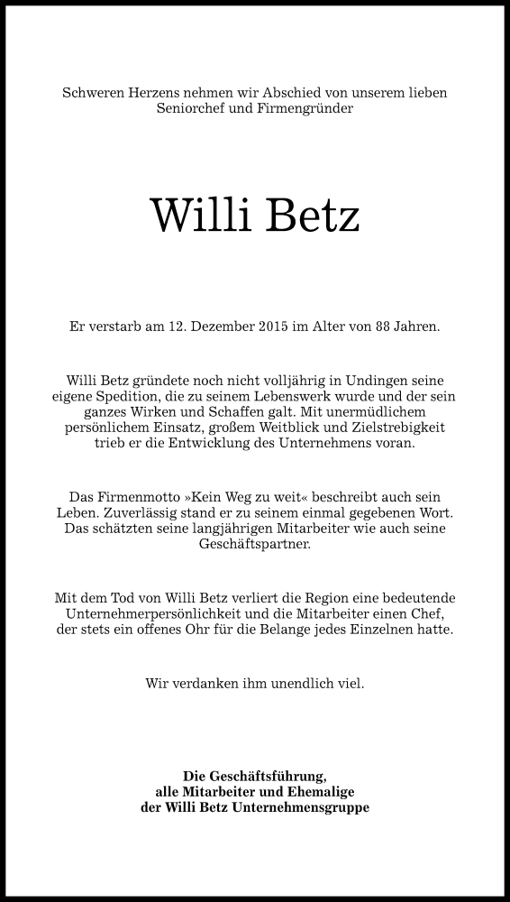  Traueranzeige für Willi Betz vom 15.12.2015 aus Reutlinger Generalanzeiger
