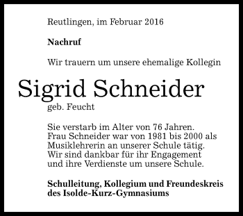 Anzeige von Sigrid Schneider von Reutlinger Generalanzeiger