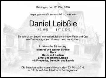 Anzeige von Daniel Leibßle von Reutlinger Generalanzeiger