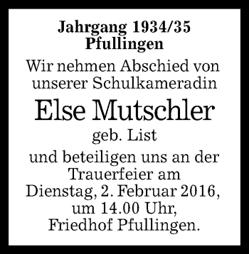 Anzeige von Else Mutschler von Reutlinger Generalanzeiger