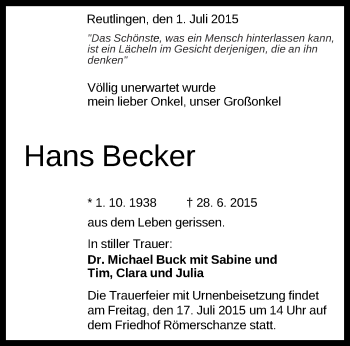 Anzeige von Hans Becker von Reutlinger Generalanzeiger