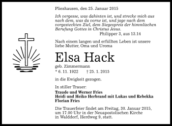 Anzeige von Elsa Hack von Reutlinger Generalanzeiger