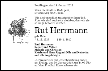 Anzeige von Rut Herrmann von Reutlinger Generalanzeiger