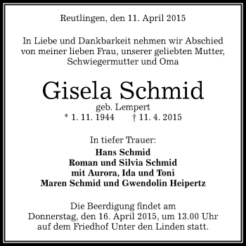 Anzeige von Gisela Schmid von Reutlinger Generalanzeiger