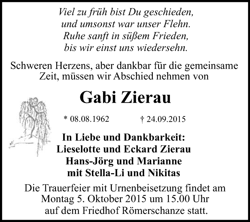  Traueranzeige für Gabi Zierau vom 29.09.2015 aus Reutlinger Generalanzeiger