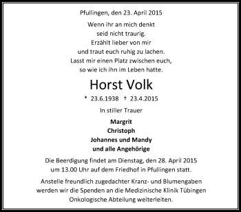 Anzeige von Horst Volk von Reutlinger Generalanzeiger