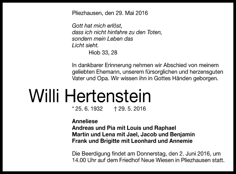  Traueranzeige für Willi Hertenstein vom 31.05.2016 aus Reutlinger Generalanzeiger