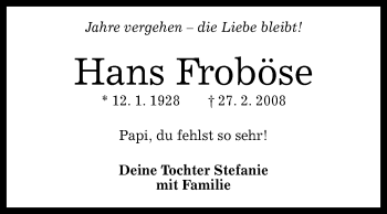 Anzeige von Hans Froböse von Reutlinger Generalanzeiger