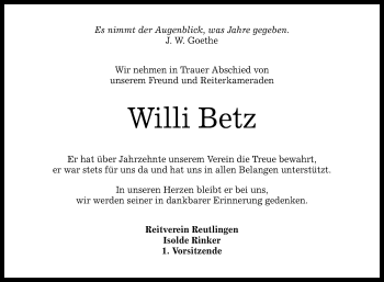Anzeige von Willi Betz von Reutlinger Generalanzeiger