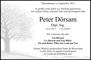 Anzeige von Peter Dörsam von Reutlinger Generalanzeiger