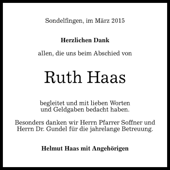 Anzeige von Ruth Haas von Reutlinger Generalanzeiger
