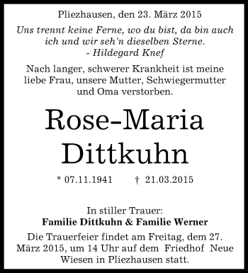 Anzeige von Rose-Maria Dittkuhn von Reutlinger Generalanzeiger