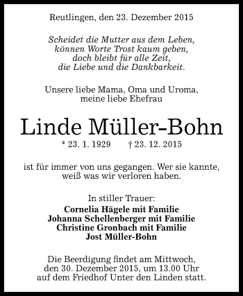 Anzeige von Linde Müller-Bohn von Reutlinger Generalanzeiger