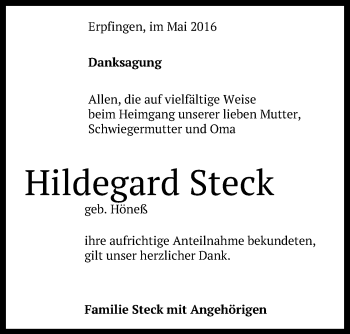 Anzeige von Hildegard Steck von Reutlinger Generalanzeiger