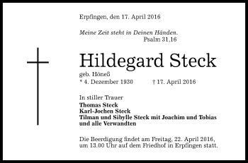 Anzeige von Hildegard Steck von Reutlinger Generalanzeiger