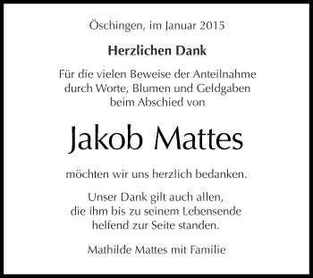 Anzeige von Jakob Mattes von Reutlinger Generalanzeiger