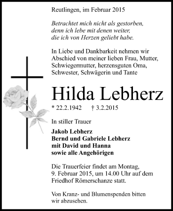 Anzeige von Hilda Lebherz von Reutlinger Generalanzeiger