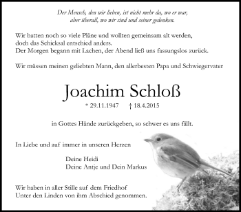 Anzeige von Joachim Schloß von Reutlinger Generalanzeiger