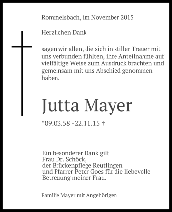 Anzeige von Jutta Mayer von Reutlinger Generalanzeiger