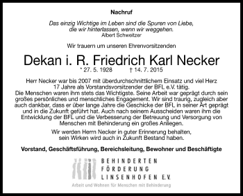 Anzeige von Friedrich Karl Necker von Reutlinger Generalanzeiger