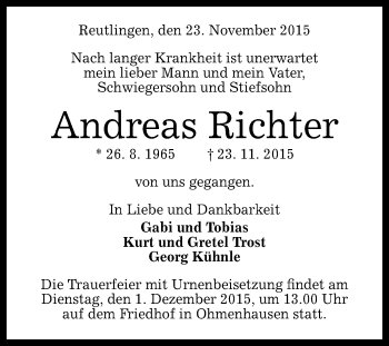 Anzeige von Andreas Richter von Reutlinger Generalanzeiger