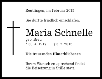 Anzeige von Maria Schnelle von Reutlinger Generalanzeiger