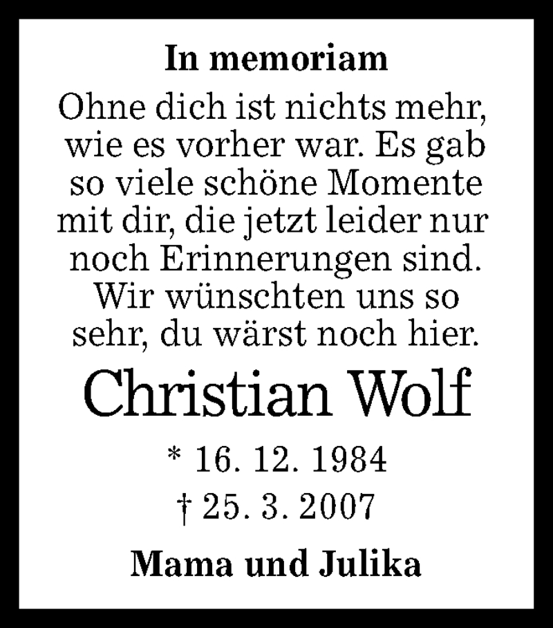  Traueranzeige für Christian Wolf vom 24.03.2016 aus Reutlinger Generalanzeiger