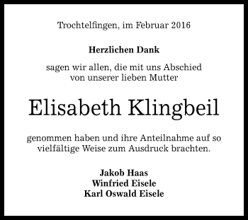 Anzeige von Elisabeth Klingbeil von Reutlinger Generalanzeiger