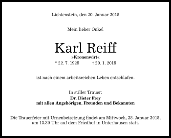 Anzeige von Karl Reiff von Reutlinger Generalanzeiger