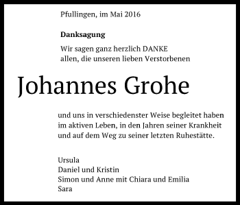 Anzeige von Johannes Grohe von Reutlinger Generalanzeiger