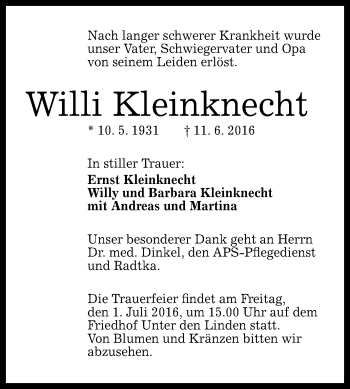 Anzeige von Willi Kleinknecht von Reutlinger Generalanzeiger