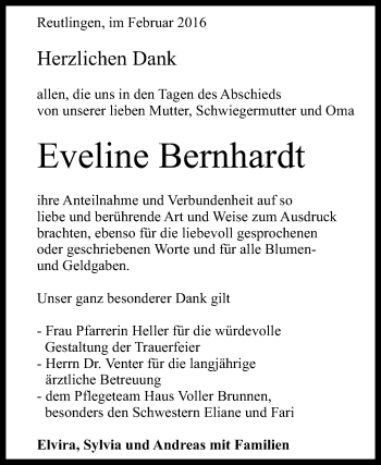 Anzeige von Eveline Bernhardt von Reutlinger Generalanzeiger