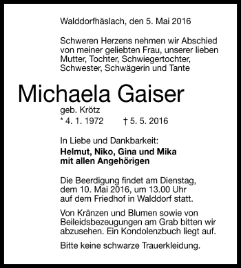 Anzeige von Michaela Gaiser von Reutlinger Generalanzeiger