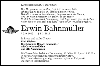Anzeige von Erwin Bahnmüller von Reutlinger Generalanzeiger