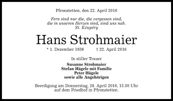 Anzeige von Hans Strohmaier von Reutlinger Generalanzeiger