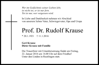 Anzeige von Rudolf Krause von Reutlinger Generalanzeiger